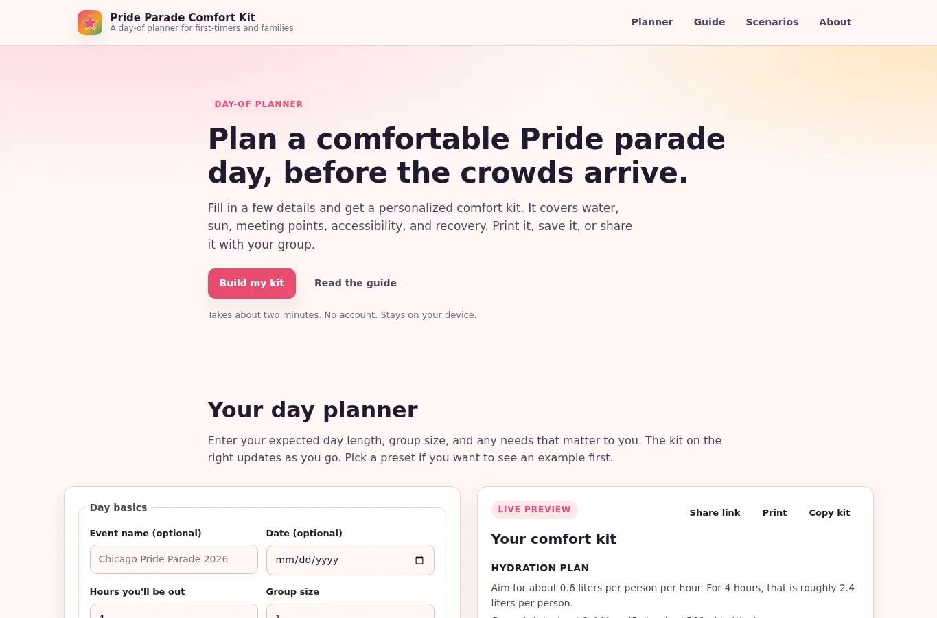 Screenshot of Pride Parade Day-of Comfort Kit interface showing the project page in use